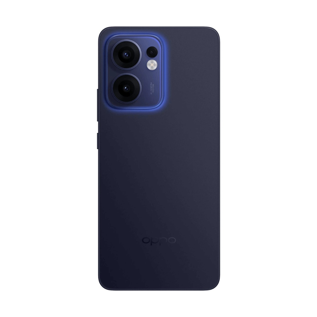 Smartphone Oppo blu scuro visto dal retro con un anello blu luminoso attorno al modulo della fotocamera.