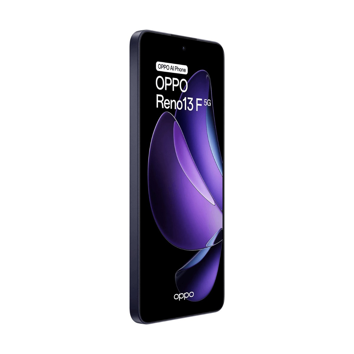 Uno smartphone viola Oppo Reno13 F 5G su sfondo bianco, con un design dello schermo viola astratto.