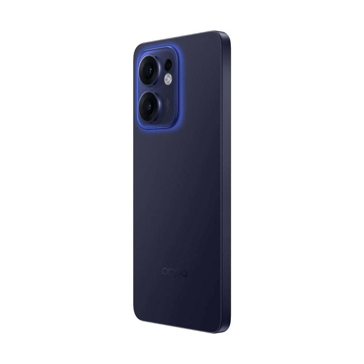 Smartphone Oppo blu scuro visto da retro, con modulo a doppia fotocamera illuminato e logo.
