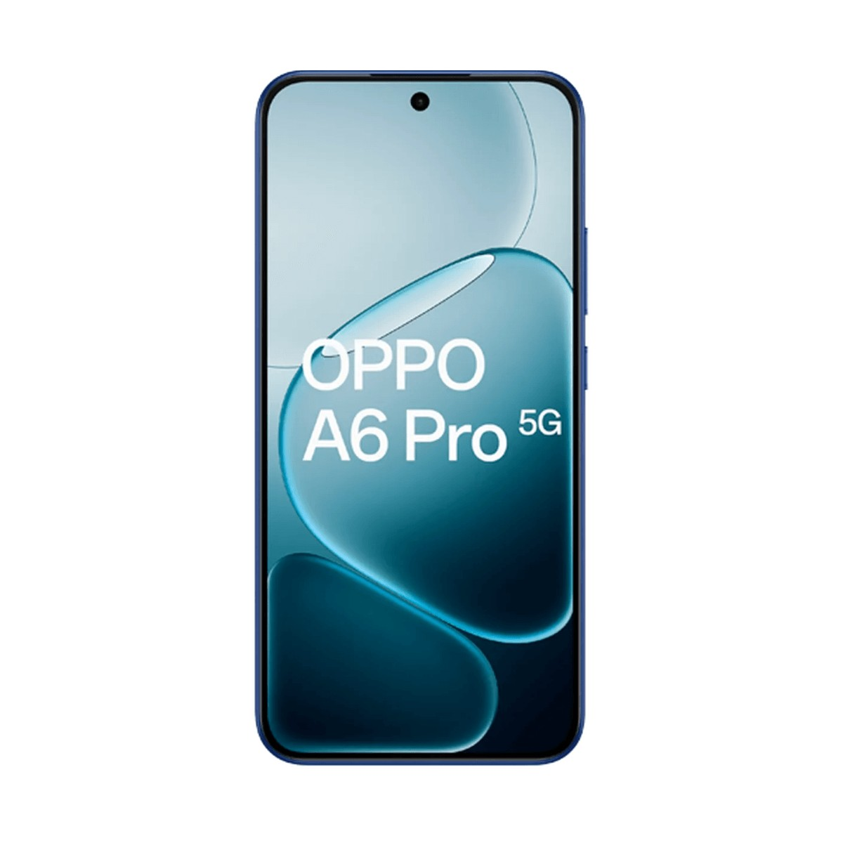 Smartphone Oppo A6 Pro 5G con cornice blu e sfondo dello schermo turchese astratto.