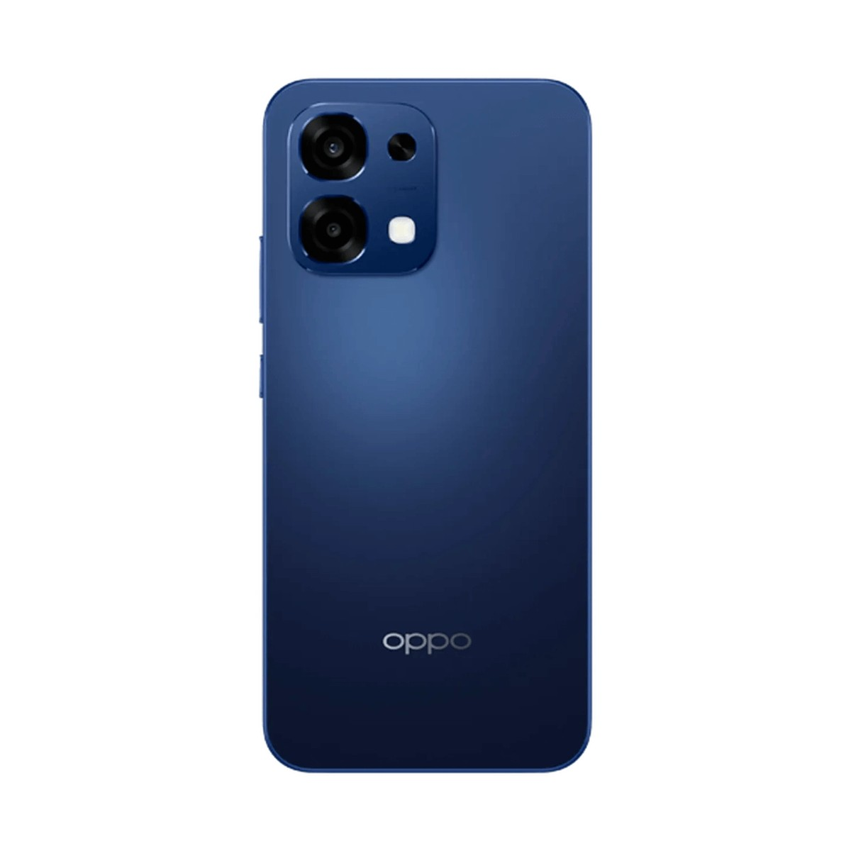 Retro di uno smartphone Oppo blu con due fotocamere verticali in alto a sinistra e il logo.