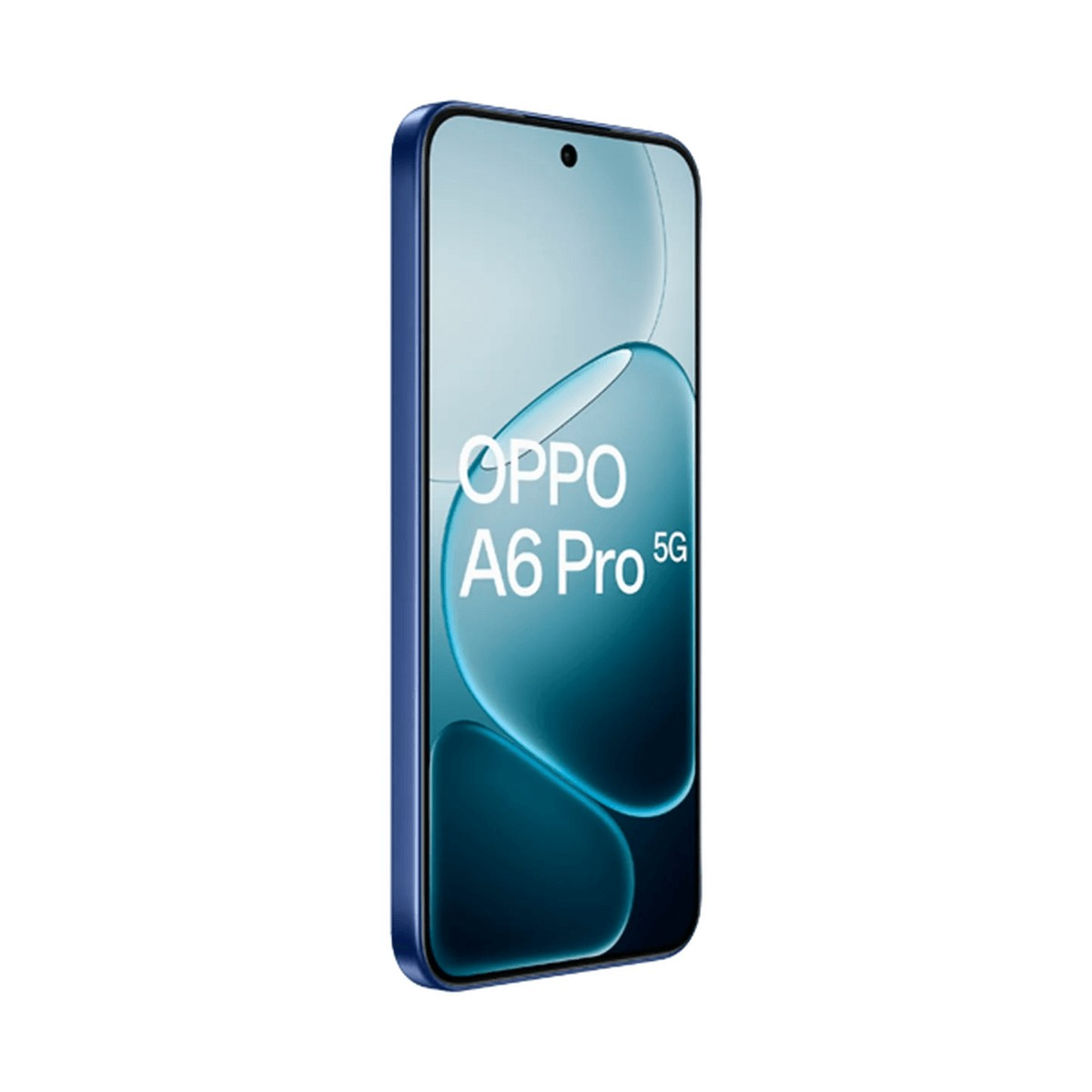 Uno smartphone blu Oppo A6 Pro 5G mostra uno schermo turchese astratto con testo bianco.