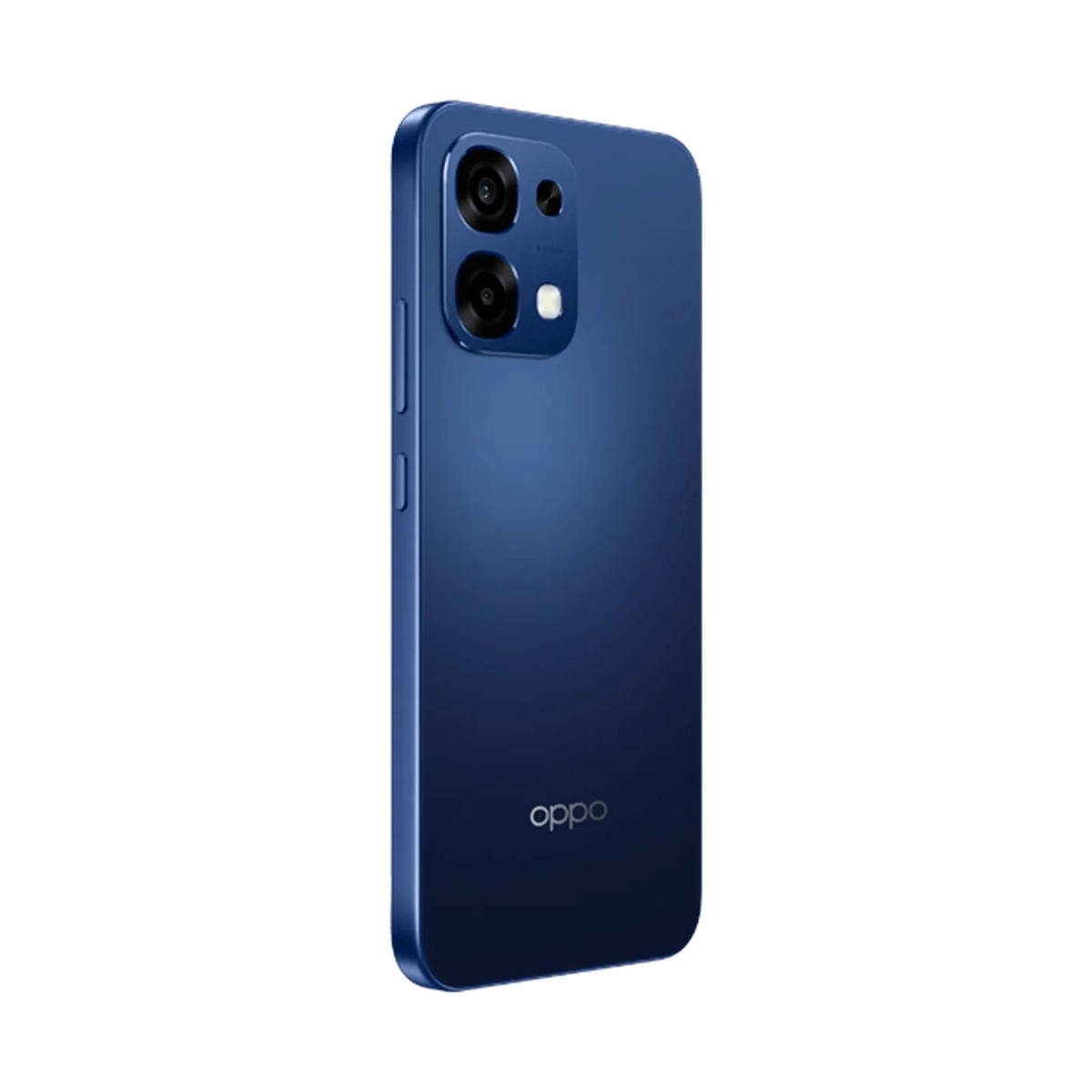 Uno smartphone Oppo blu, vista angolata che mostra il modulo a doppia fotocamera sul retro e il logo.