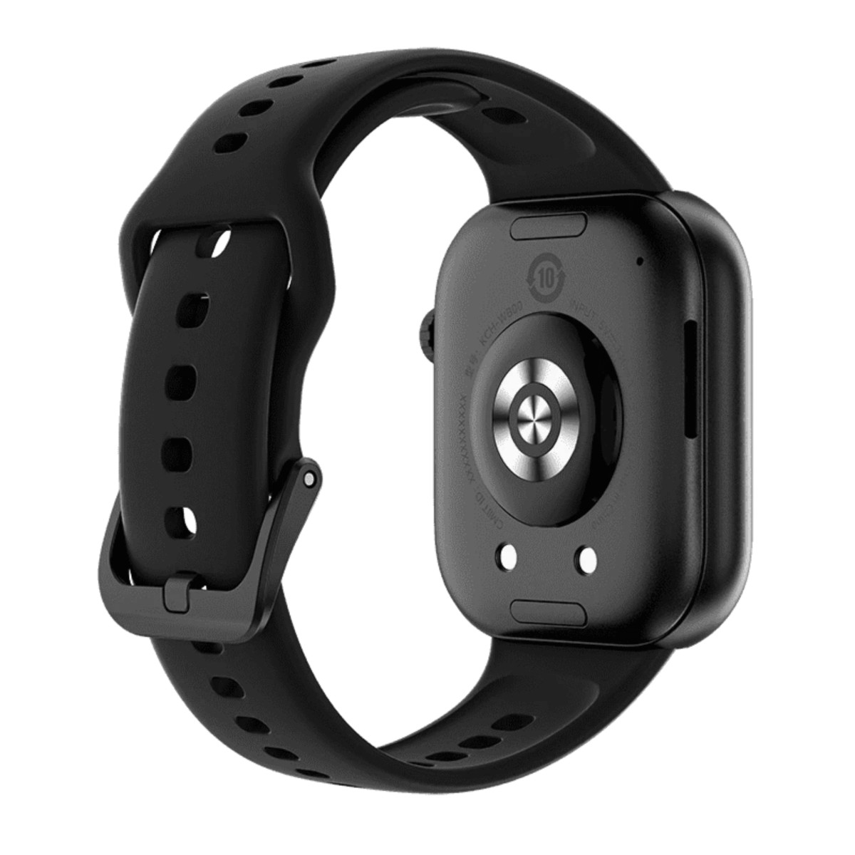 Rückseite einer schwarzen Smartwatch mit schwarzem Silikonarmband und silbernem Sensor auf weißem Hintergrund.