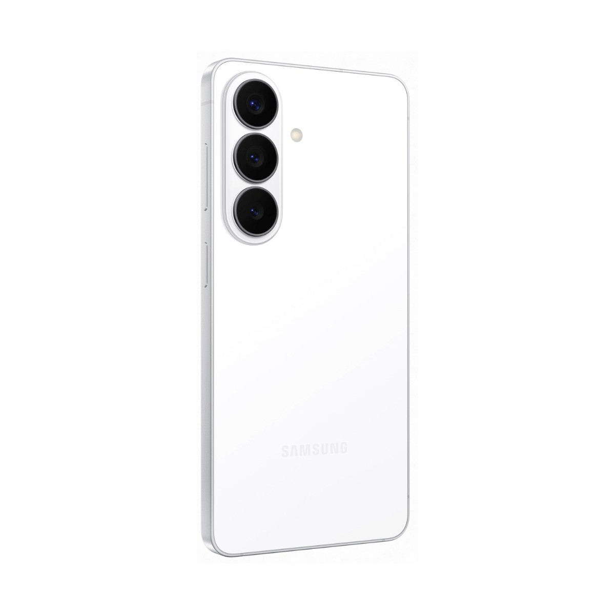 Uno smartphone Samsung bianco mostra il retro con tre fotocamere verticali e un flash su sfondo bianco.