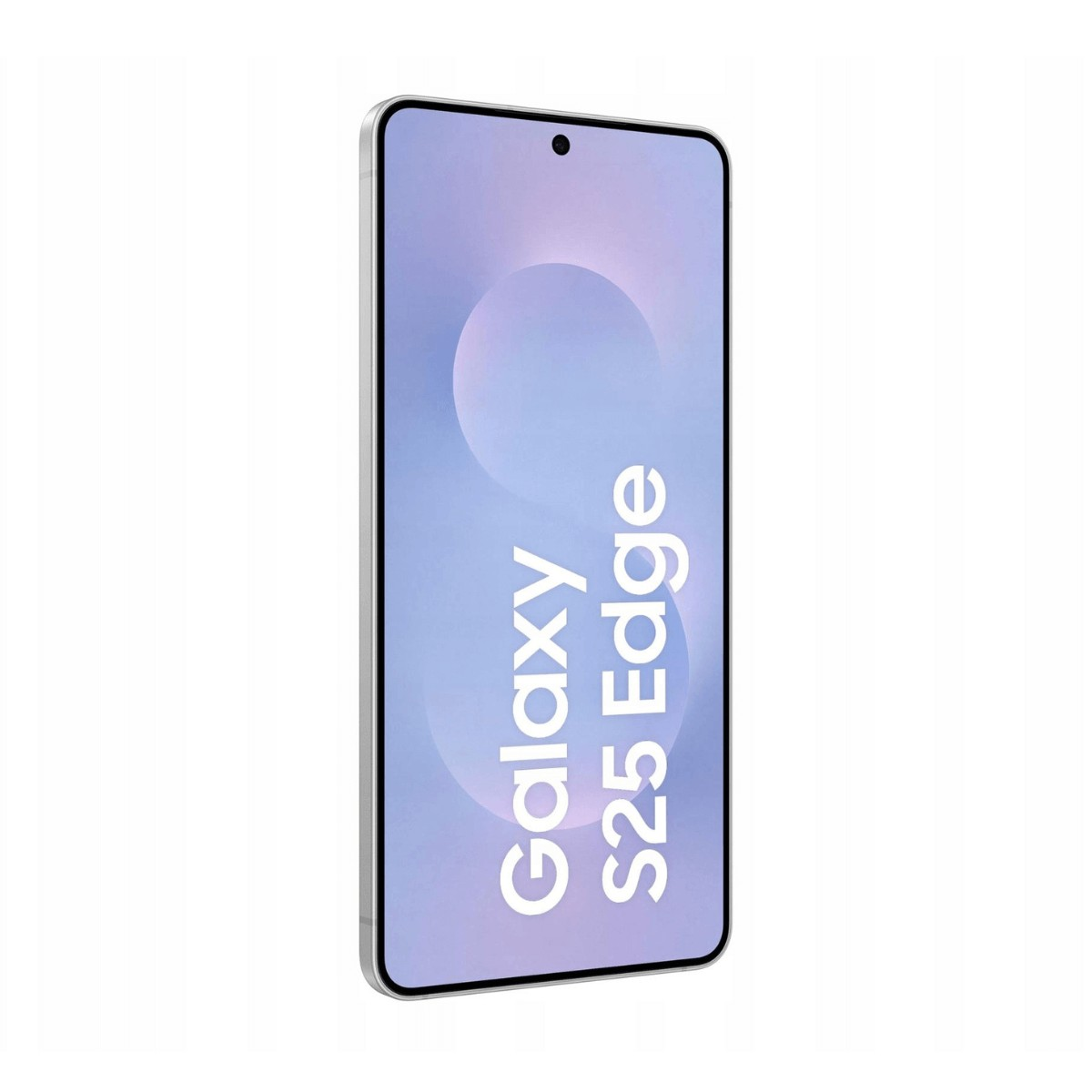 Uno smartphone argentato con schermo azzurro con la scritta Galaxy S25 Edge su uno sfondo bianco.