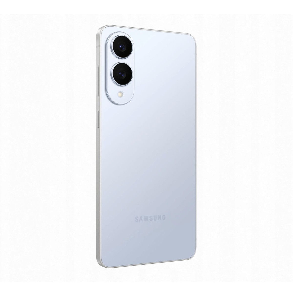 Retro di uno smartphone Samsung azzurro chiaro con due fotocamere verticali.