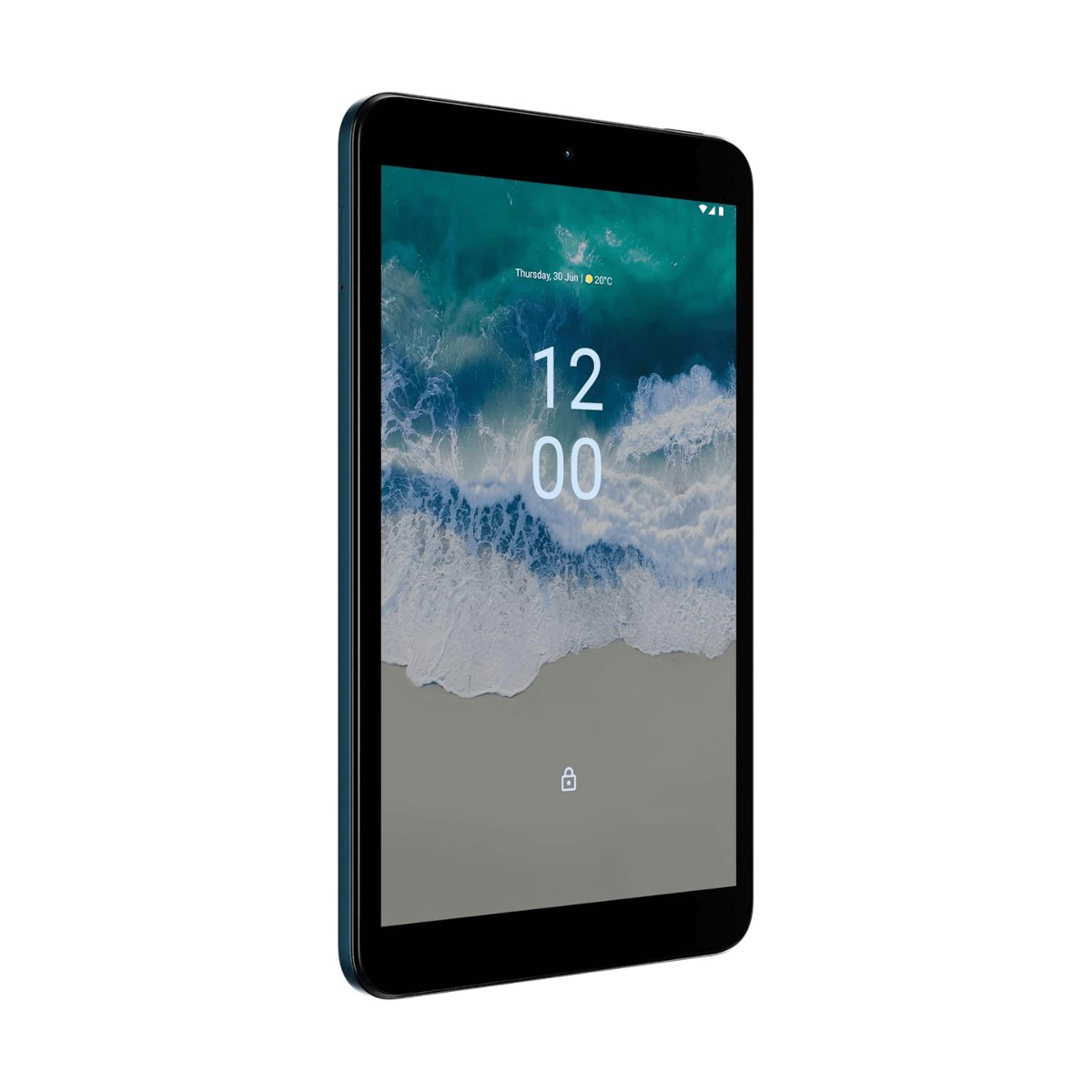 Un tablet blu con sfondo di spiaggia mostra l'ora 12:00 e la data.