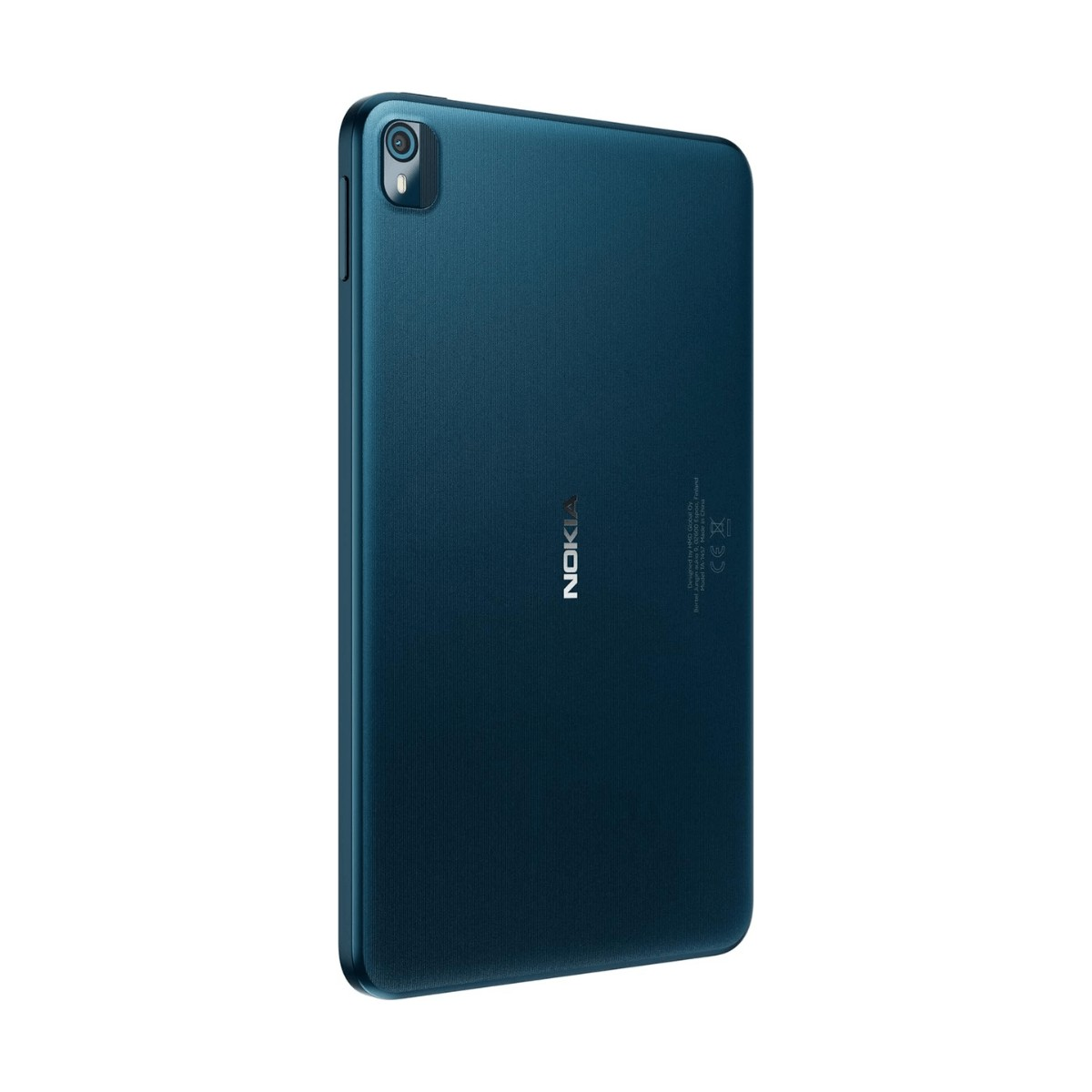 Vista posteriore di un tablet Nokia blu con logo verticale e fotocamera in alto a sinistra.
