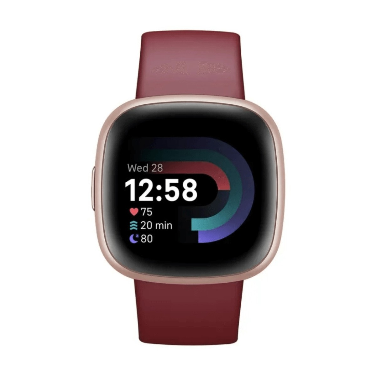 Uno smartwatch con cassa in oro rosa, cinturino rosso scuro e display digitale con orario e dati di fitness.