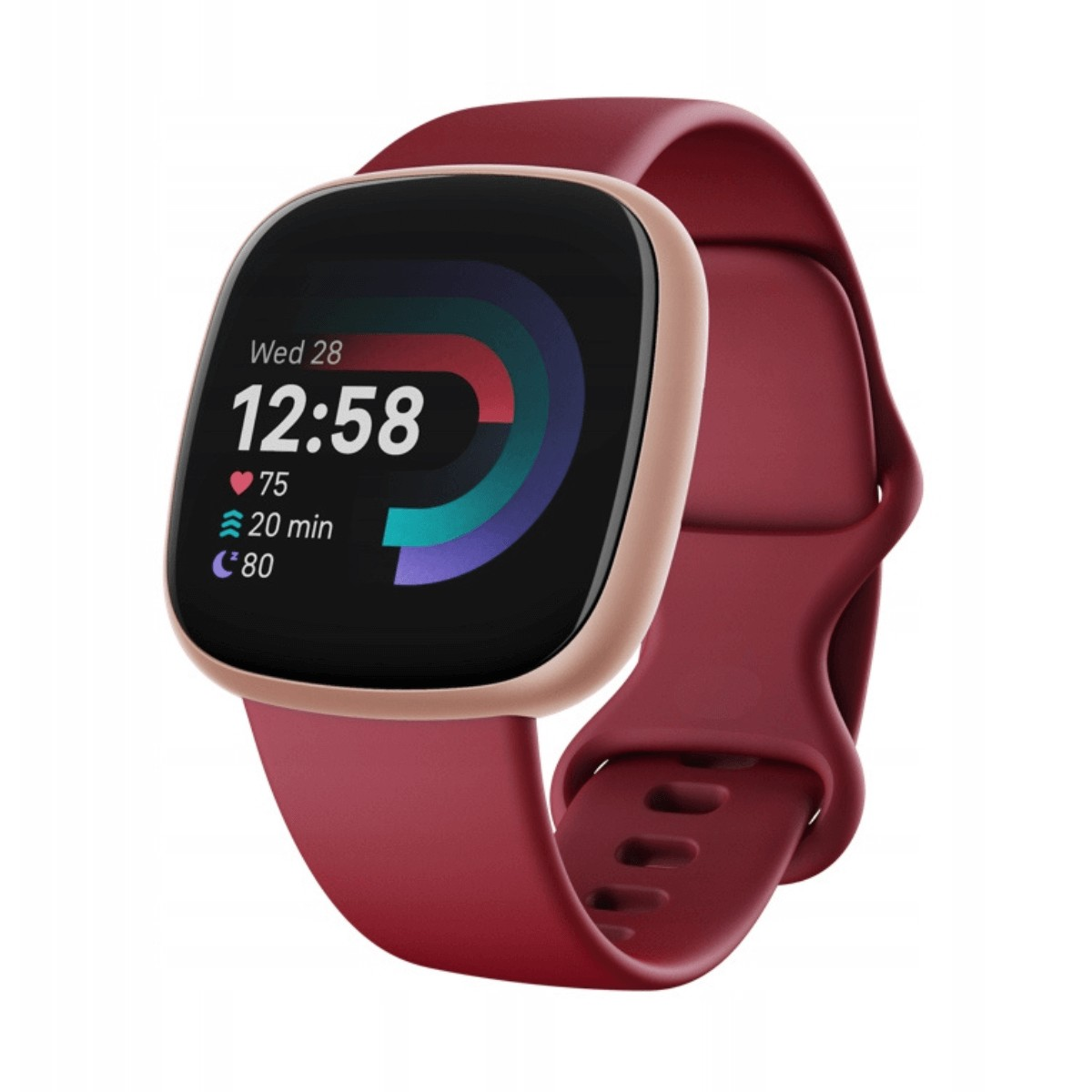Uno smartwatch bordeaux con ghiera in oro rosa e display digitale con orario e dati fitness.