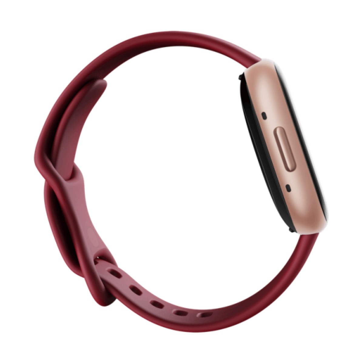 Vista laterale di uno smartwatch con cassa in oro rosa e cinturino in silicone bordeaux su sfondo bianco.