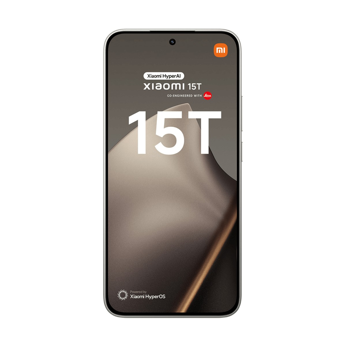 Uno smartphone Xiaomi 15T che mostra il nome del modello e i loghi in bianco e arancione sullo schermo.