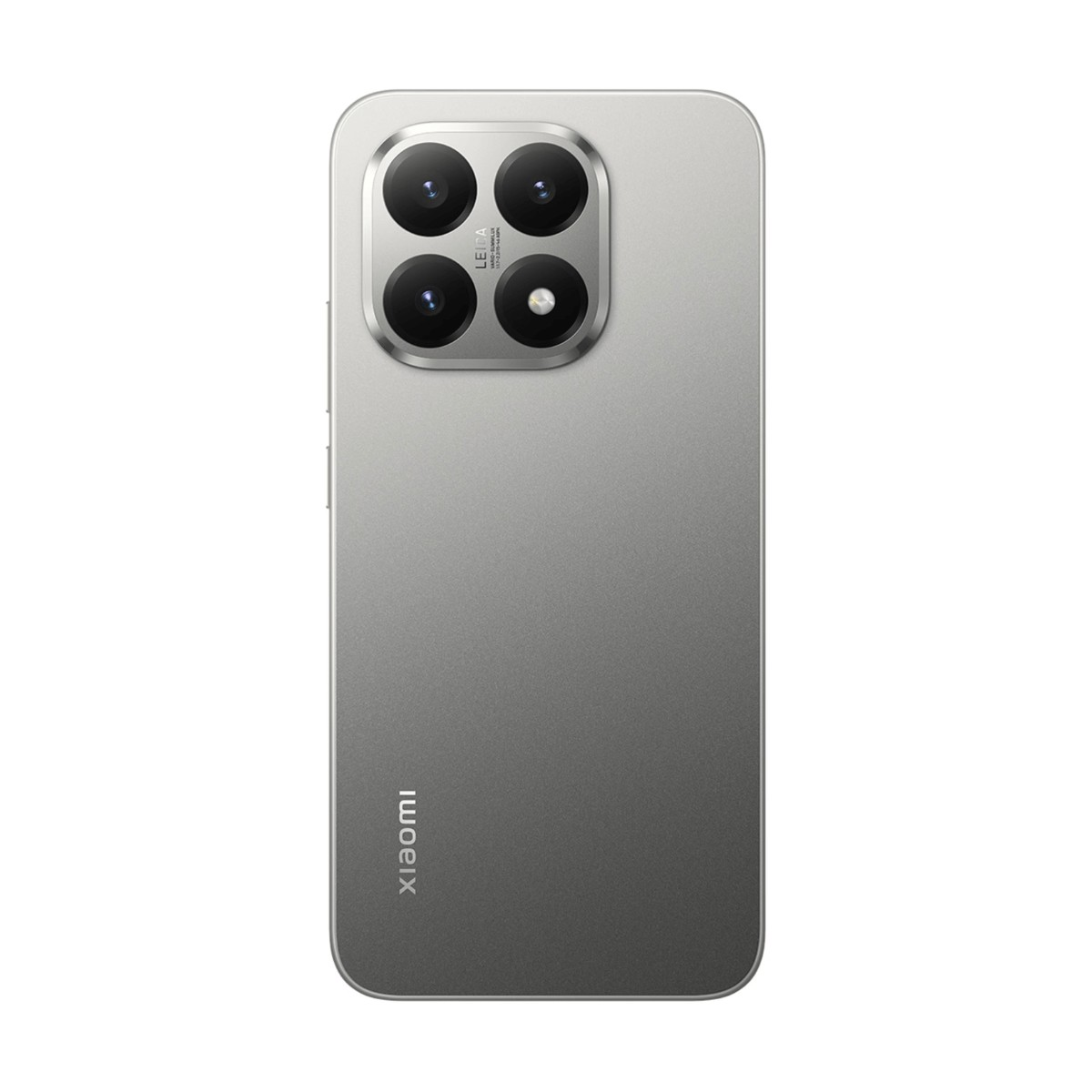Retro di uno smartphone Xiaomi argento con modulo a quattro fotocamere quadrato e logo.