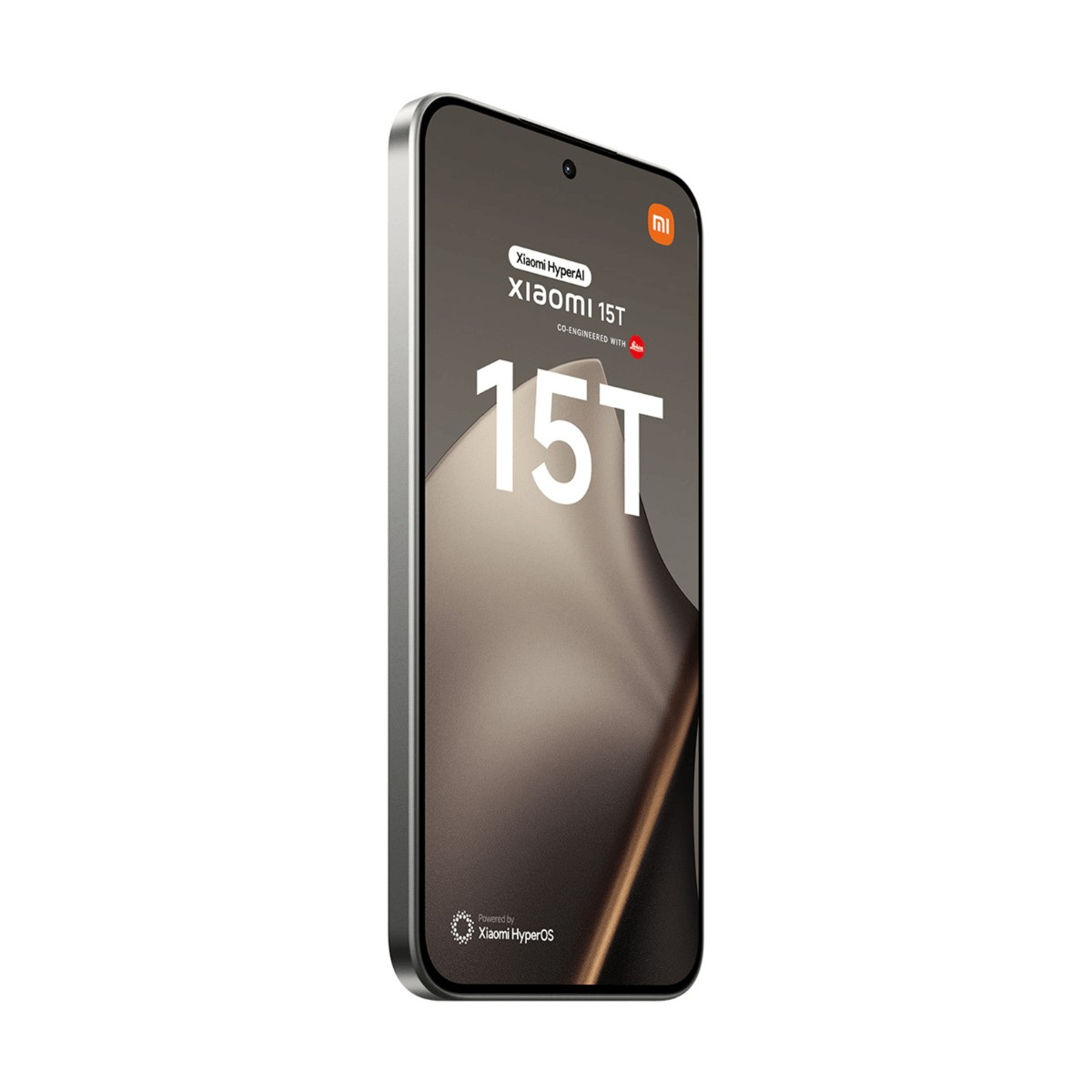 Uno smartphone argentato Xiaomi 15T mostra il modello e il marchio sullo schermo.