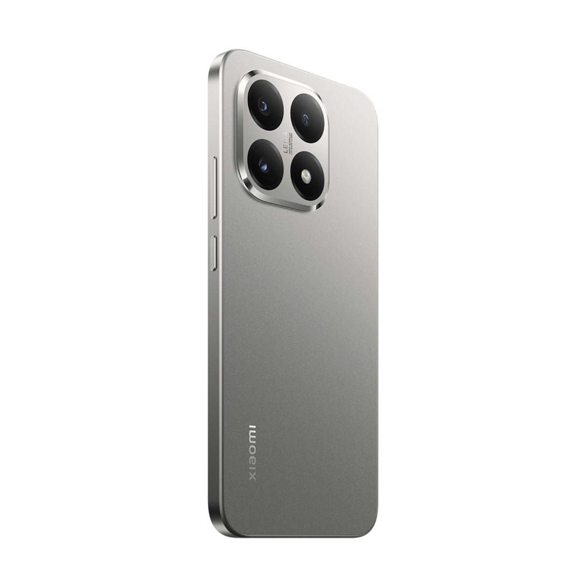Vista posteriore di uno smartphone Xiaomi grigio con quattro lenti Leica in alto e il logo Xiaomi in basso.