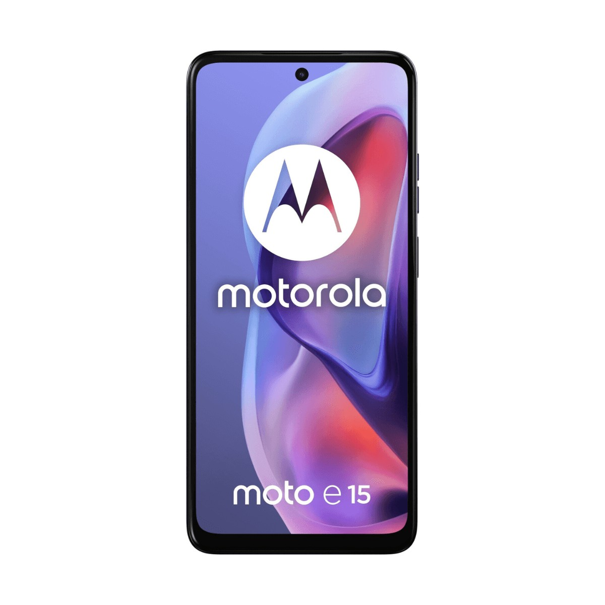 Front view of the Motorola Moto e 15 smartphone displaying the brand logo and a curved abstract background.