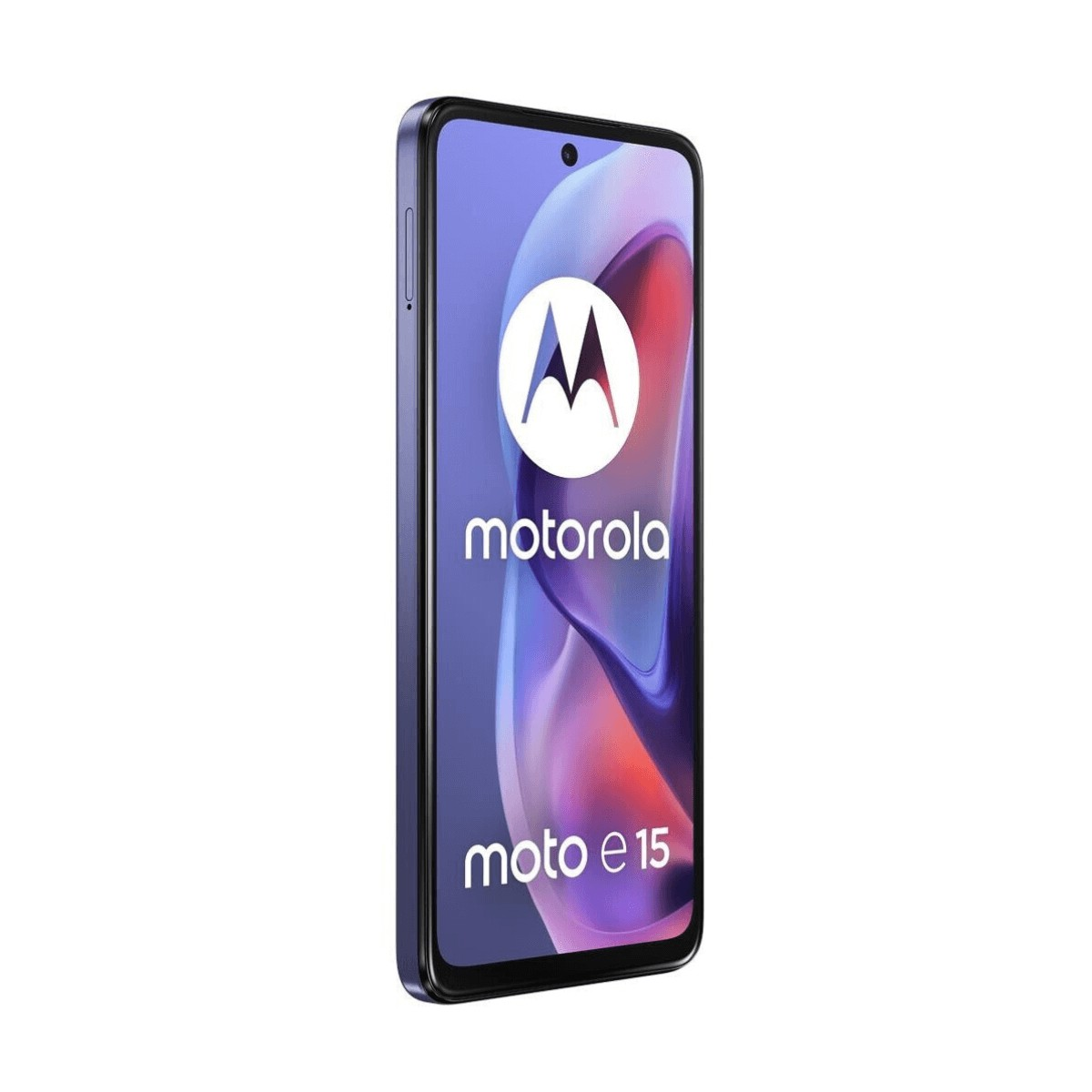 A Motorola smartphone in dark blue displays the Motorola logo and text 'moto e 15' on its screen.