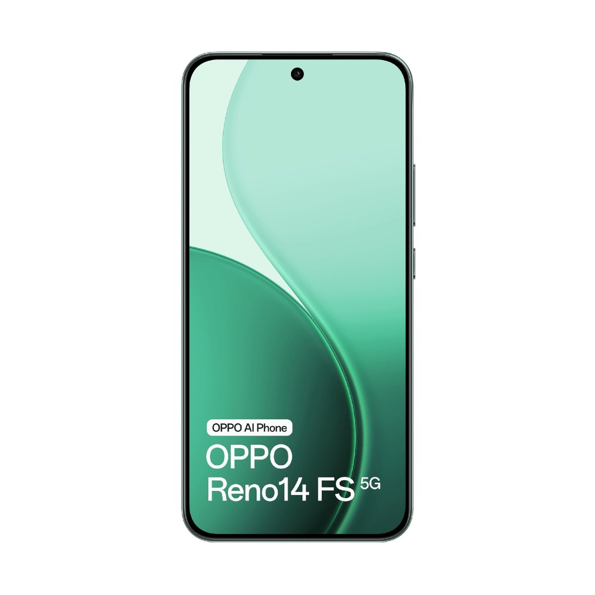 Smartphone OPPO Reno14 FS 5G con sfondo verde e testo sullo schermo.
