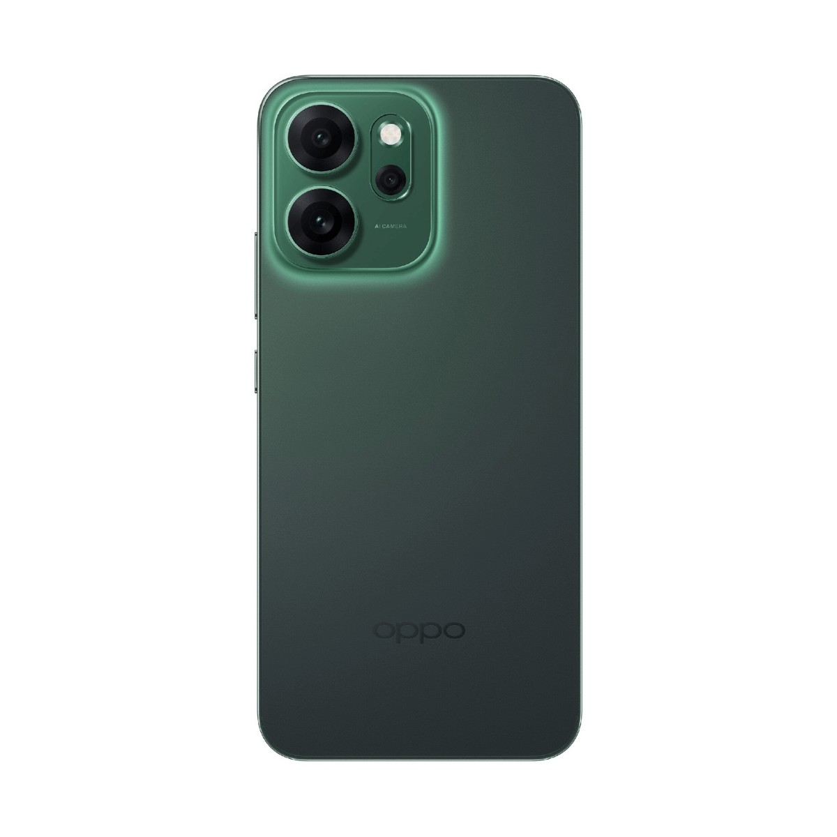 Retro di uno smartphone verde scuro con doppia fotocamera verticale e il logo Oppo in basso.