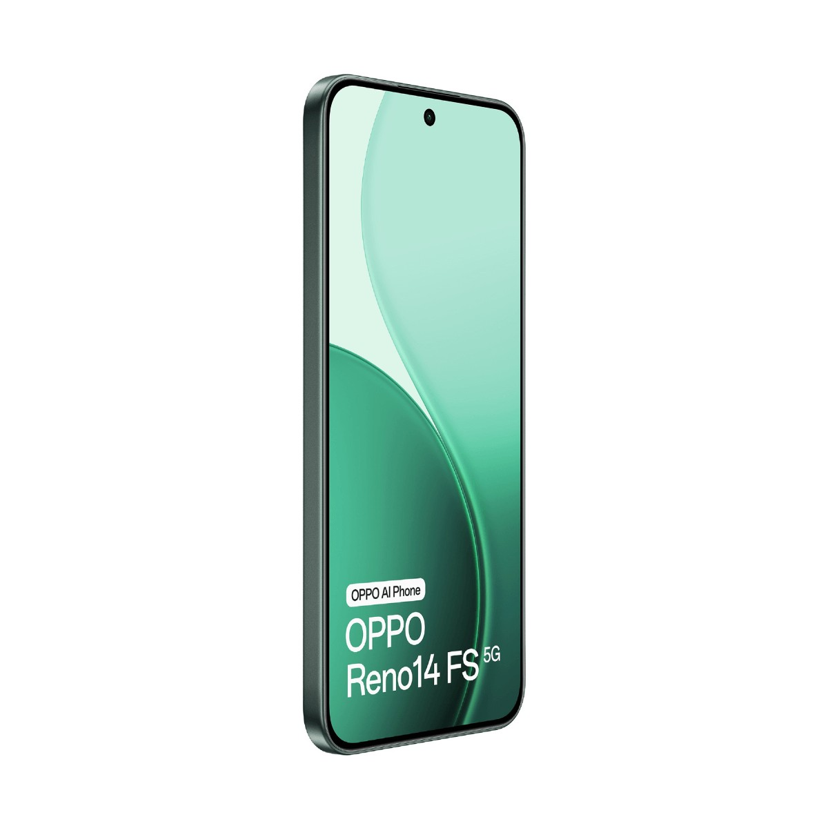 Uno smartphone verde inclinato a sinistra, mostra lo schermo con il testo OPPO Reno14 FS 5G su sfondo sfumato.
