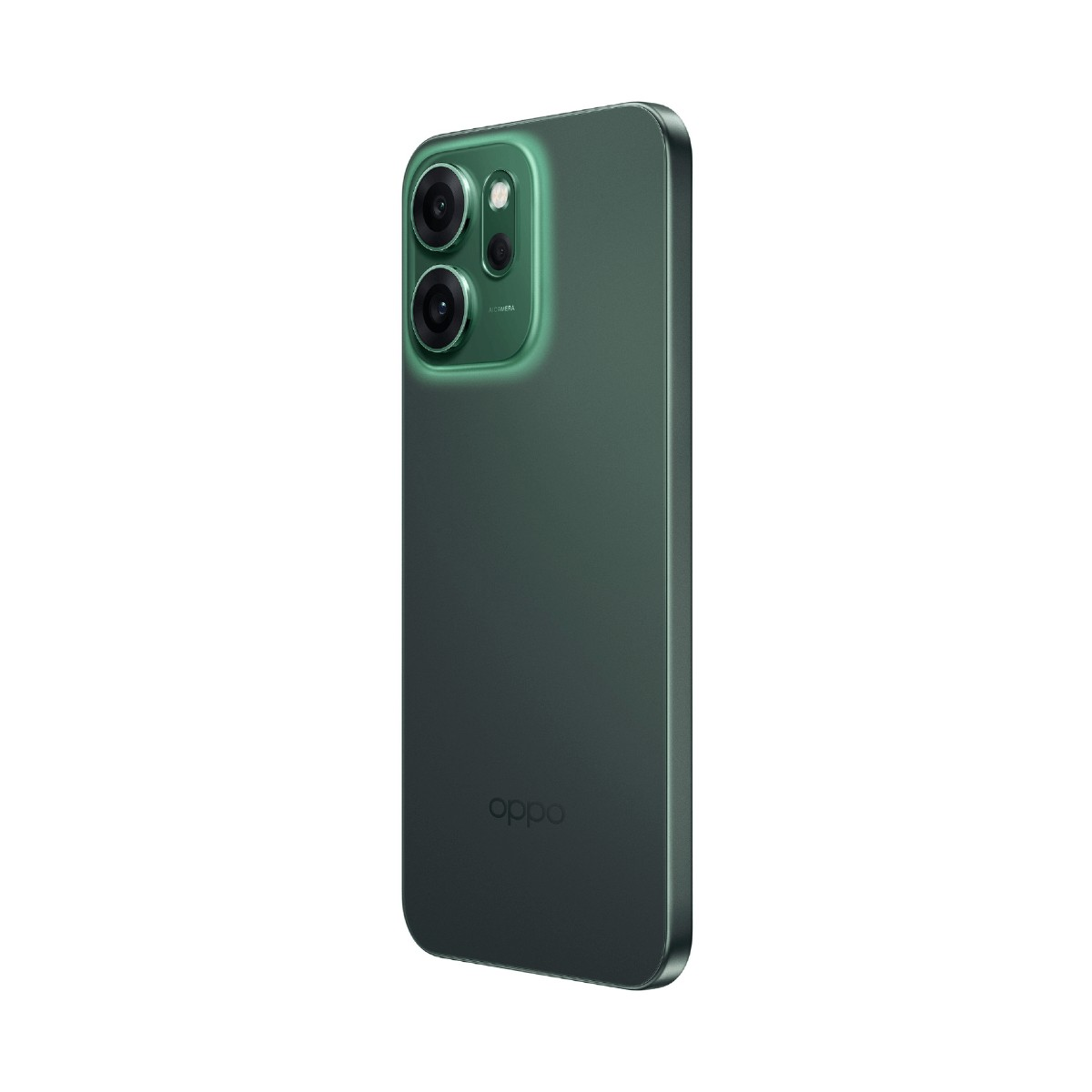 Uno smartphone Oppo verde scuro inclinato mostra il modulo a doppia fotocamera con un anello luminoso e il logo.