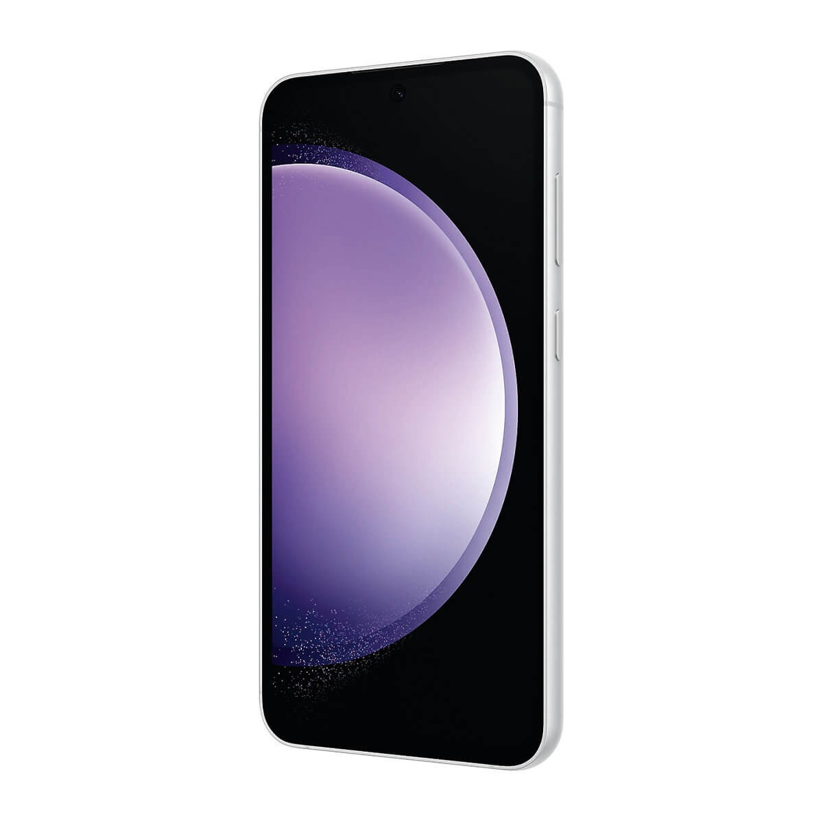 Un smartphone blanc avec un graphique abstrait courbé violet sur l'écran noir sur fond blanc.