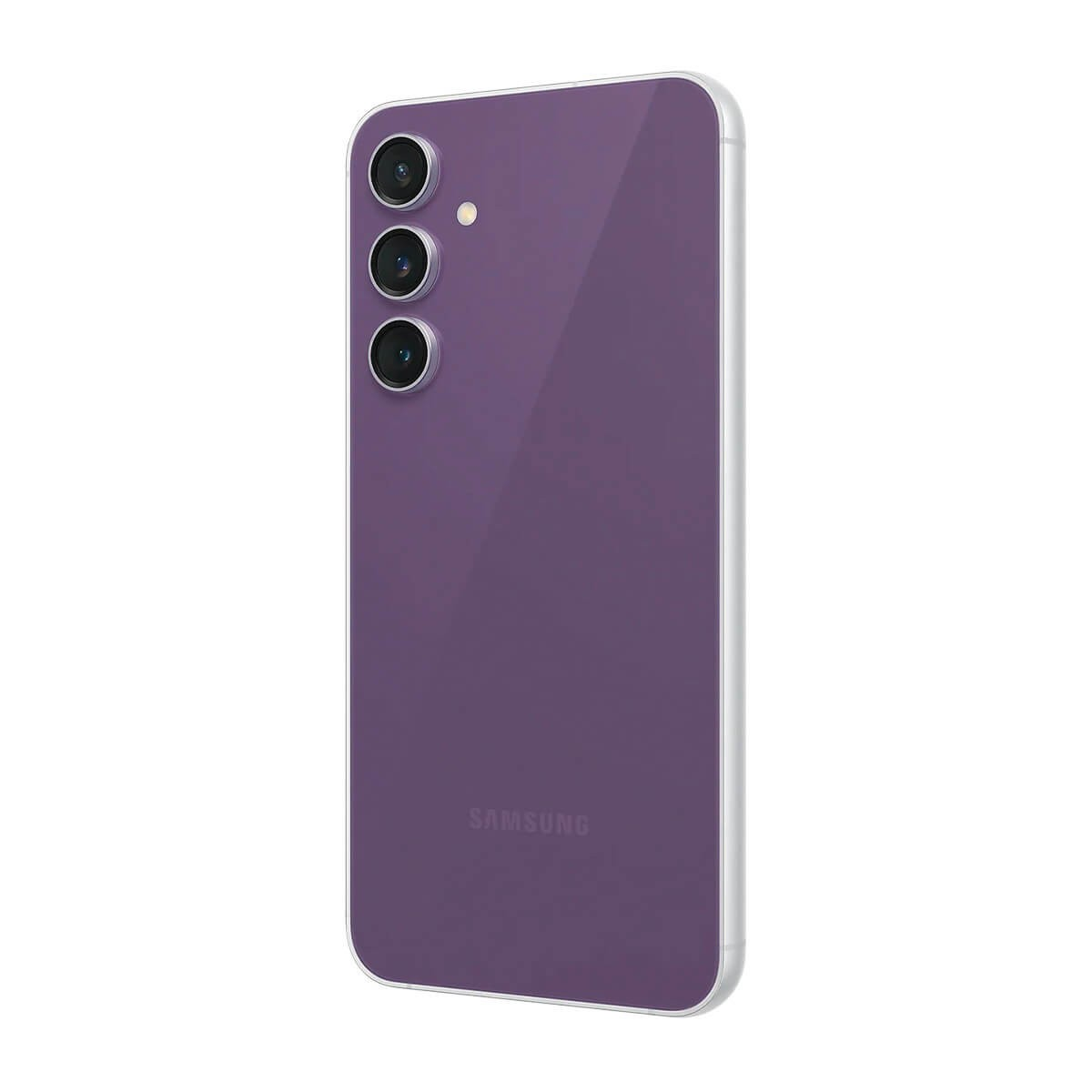 Dos d'un smartphone violet avec trois appareils photo verticaux et le logo Samsung.