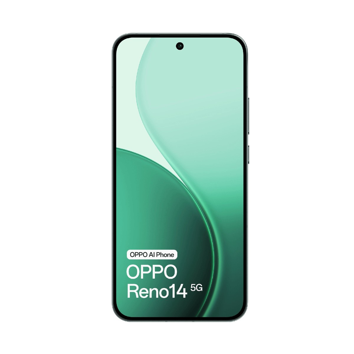 Uno smartphone nero Oppo Reno14 5G con sfondo verde e testo sullo schermo.