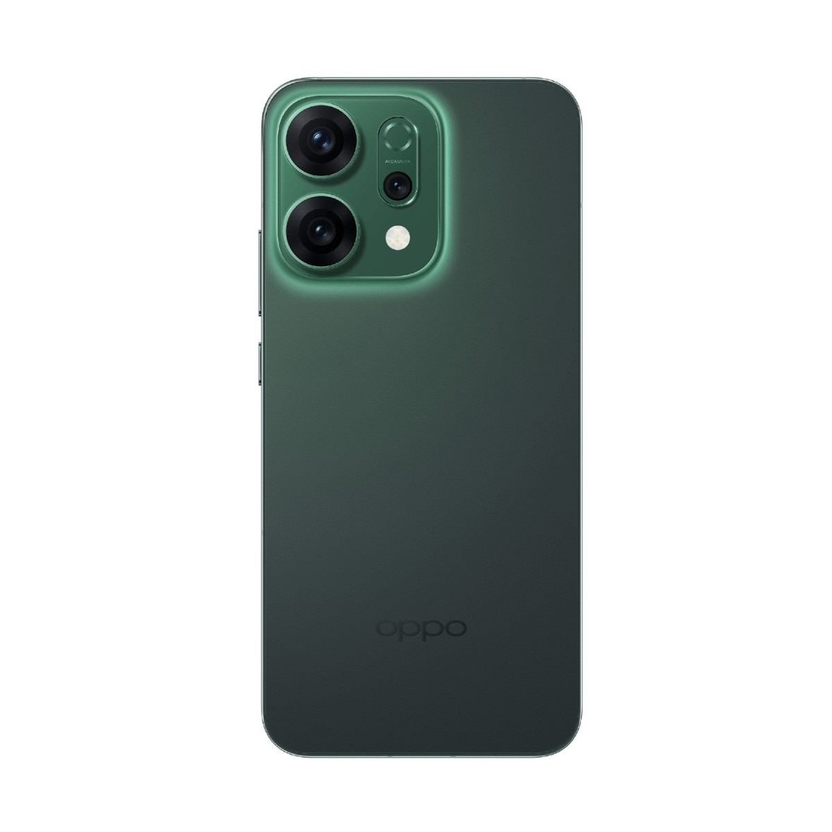 Uno smartphone Oppo verde scuro visto da retro, che mostra un modulo a doppia fotocamera con dettagli verdi luminosi.