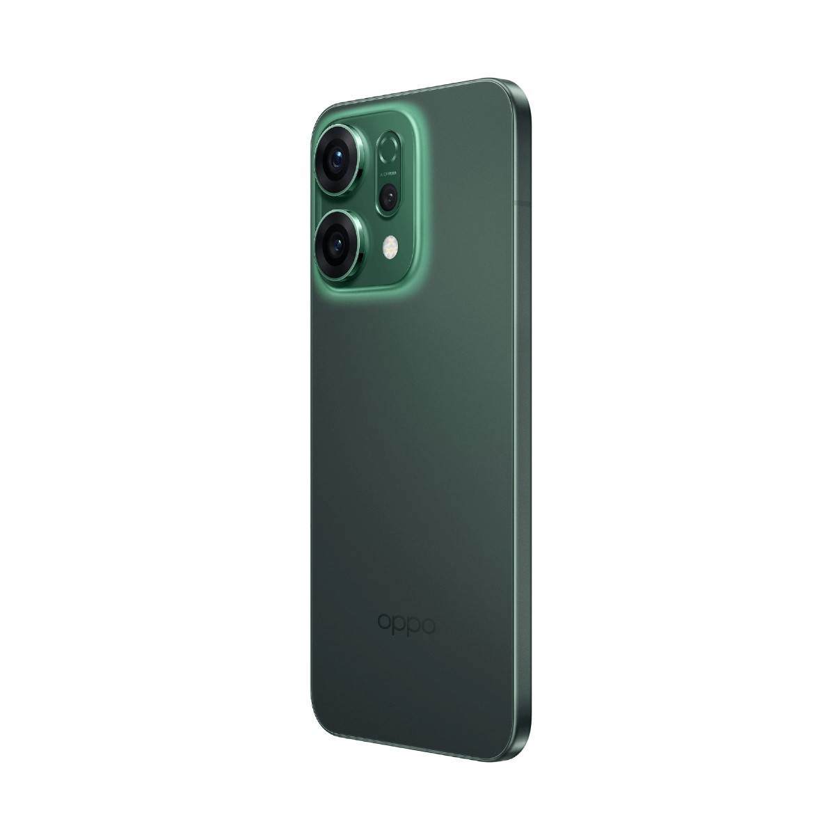Vista posteriore di uno smartphone Oppo verde con due fotocamere posteriori, un flash LED e il logo in basso.