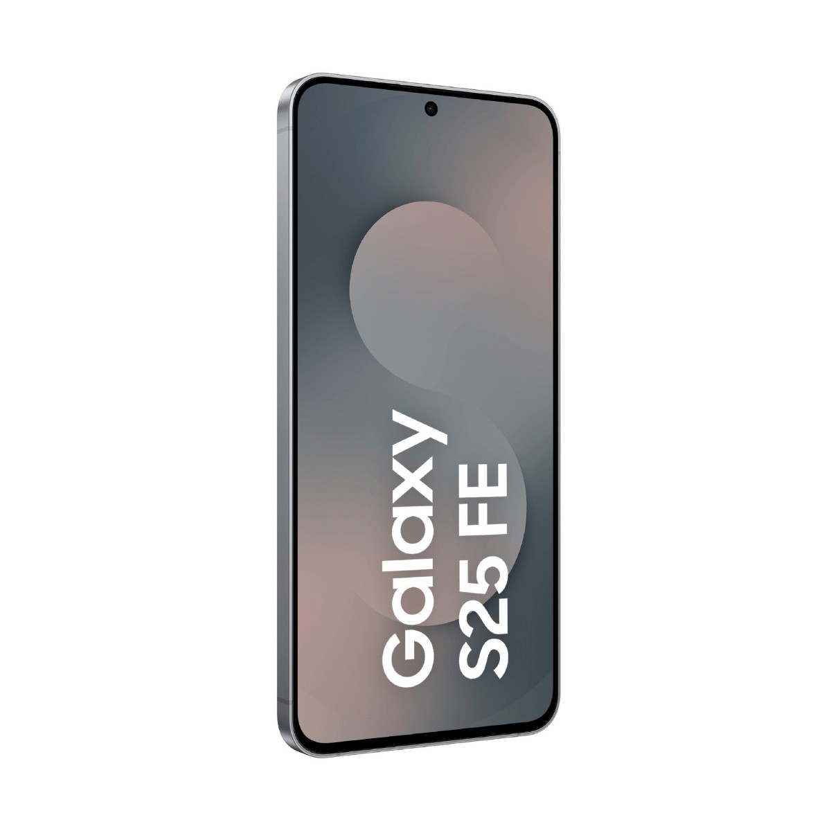Uno smartphone Galaxy S25 FE con cornici sottili e sfondo grigio.