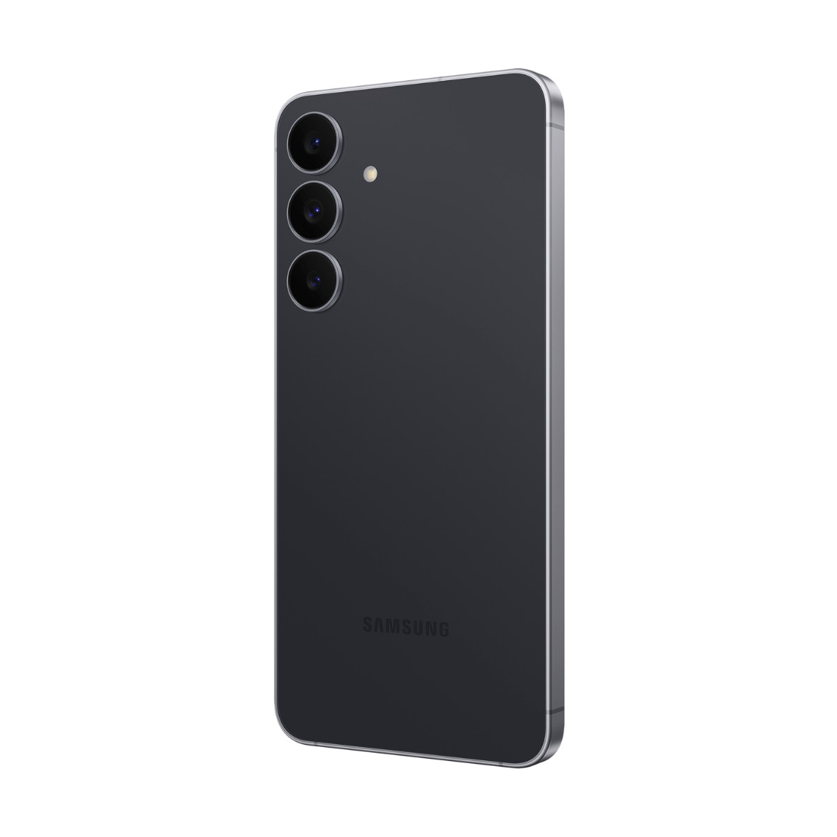 Retro di uno smartphone Samsung grigio scuro con tre fotocamere verticali e il logo.