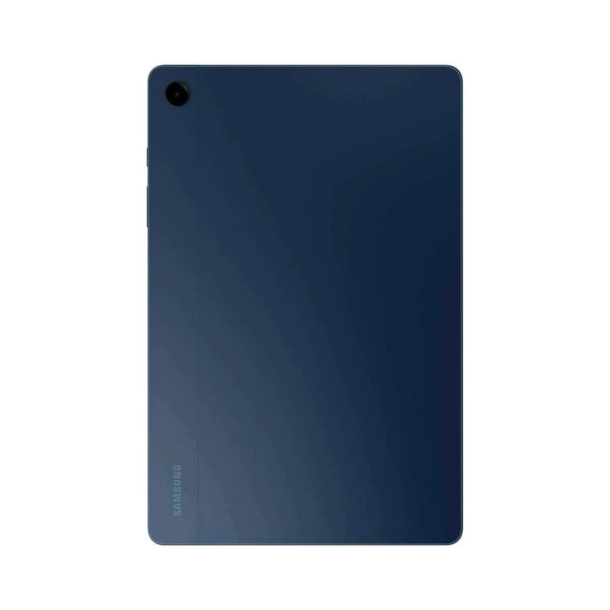 Il retro di un tablet Samsung blu con fotocamera e logo.