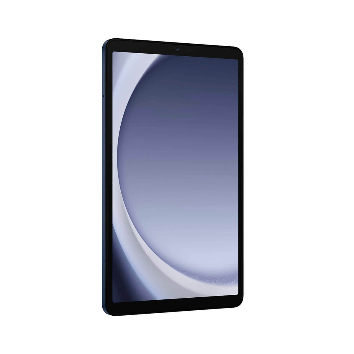 Un tablet nero con uno sfondo astratto scuro sullo schermo, leggermente inclinato su sfondo bianco.