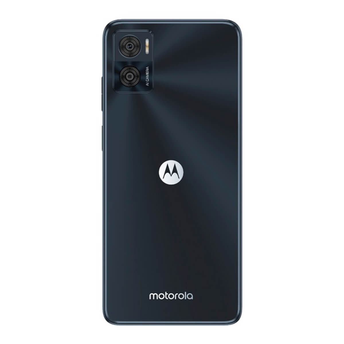 Parte trasera de un smartphone Motorola azul oscuro con cámara dual y logotipo plateado.