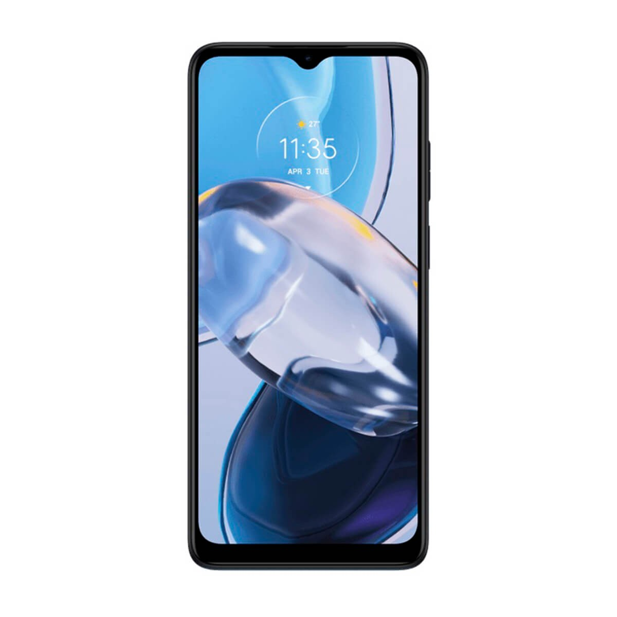 Vista frontal de un smartphone negro con un gráfico de fondo azul que muestra la hora 11:35.