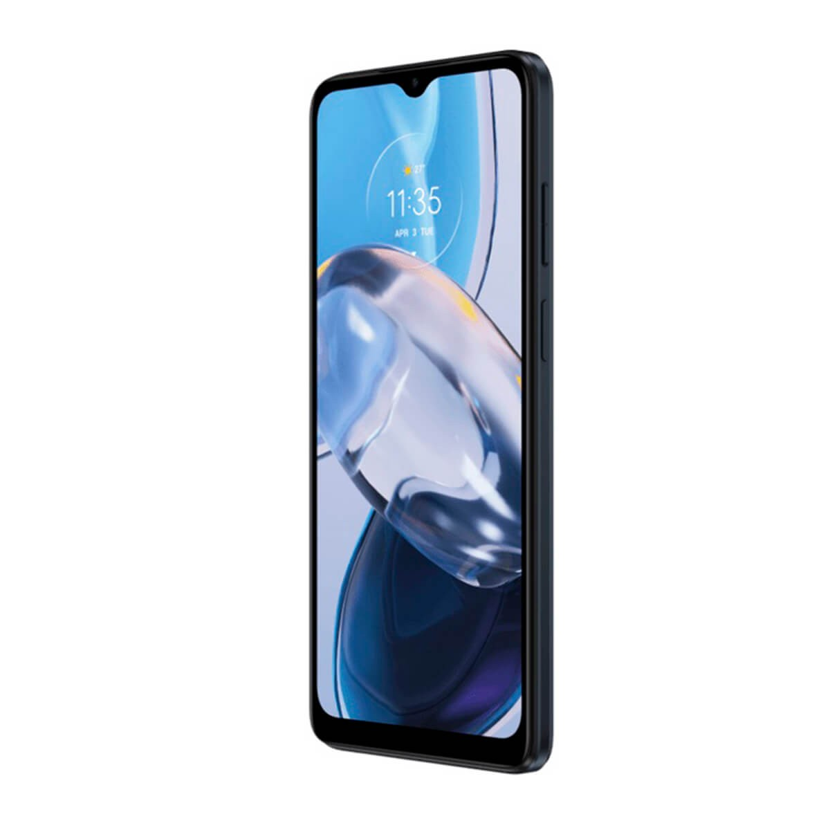 Un teléfono inteligente negro con pantalla azul que muestra la hora 11:35.