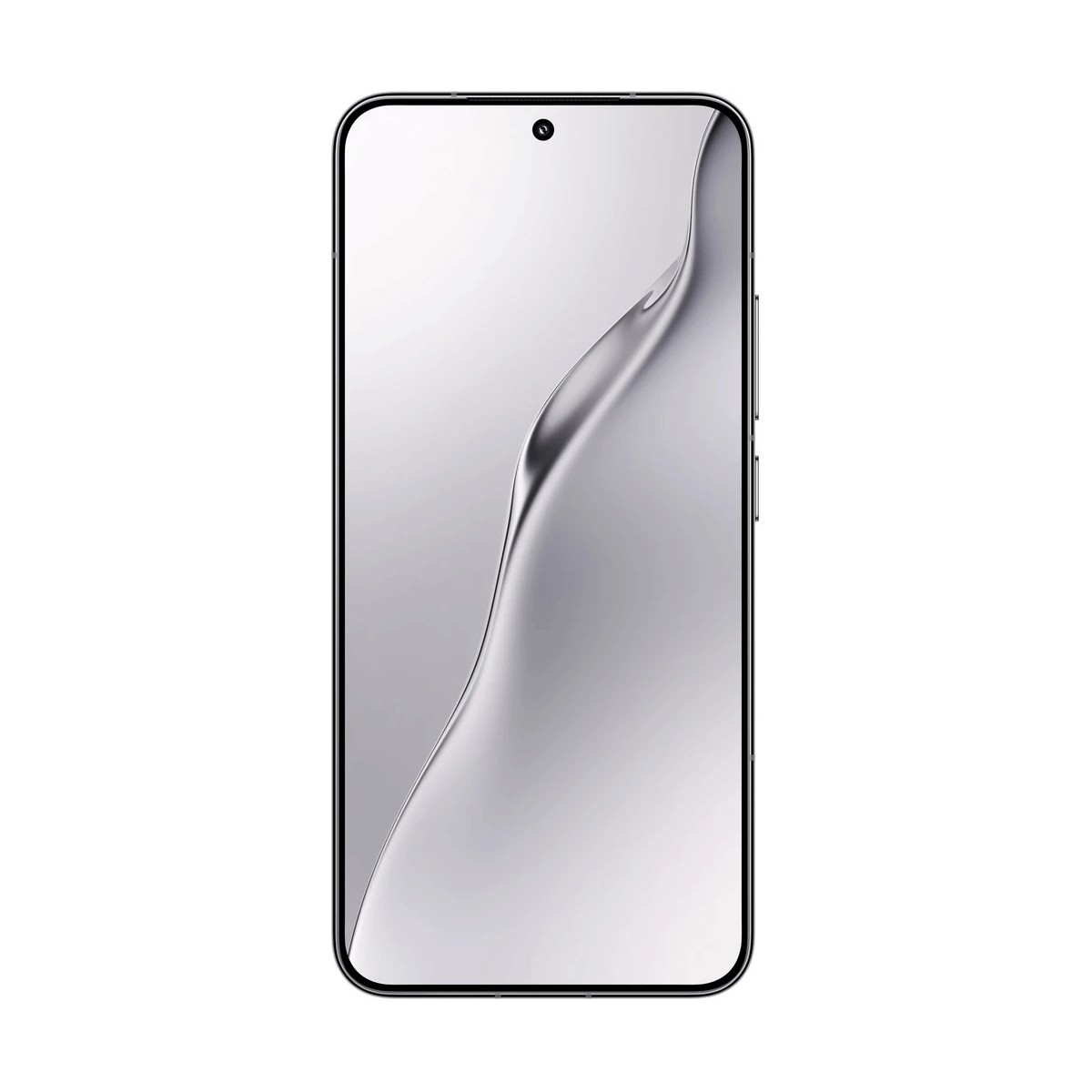Uno smartphone con motivo a onde grigio argento sullo schermo su sfondo bianco.