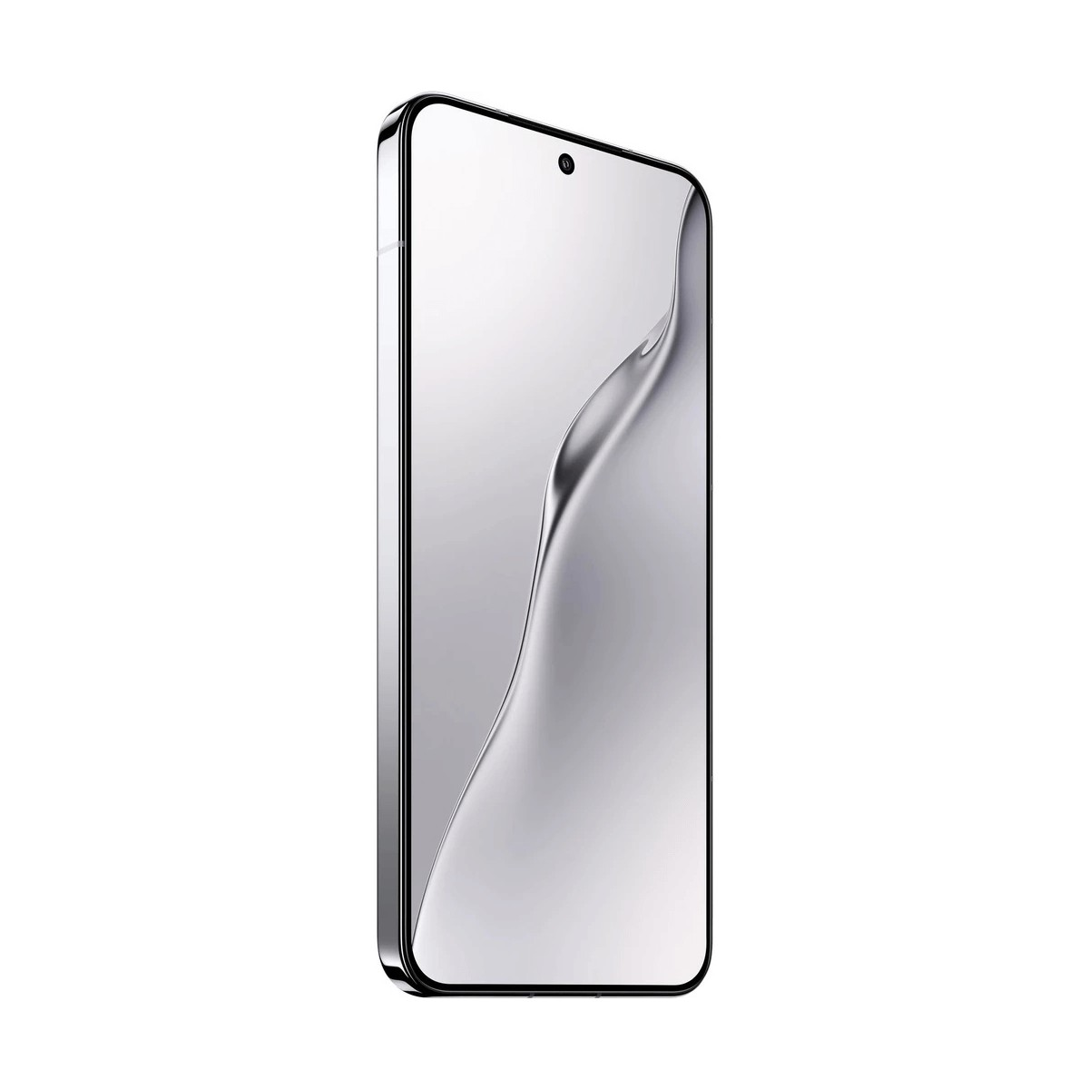 Uno smartphone con cornice nera è in piedi su sfondo bianco, mostrando un design argentato fluida sullo schermo.