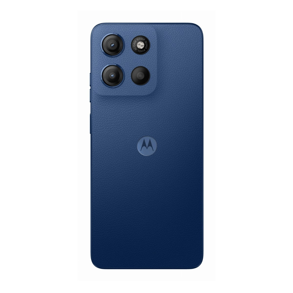 Retro di uno smartphone Motorola blu con fotocamera quadrupla e logo.