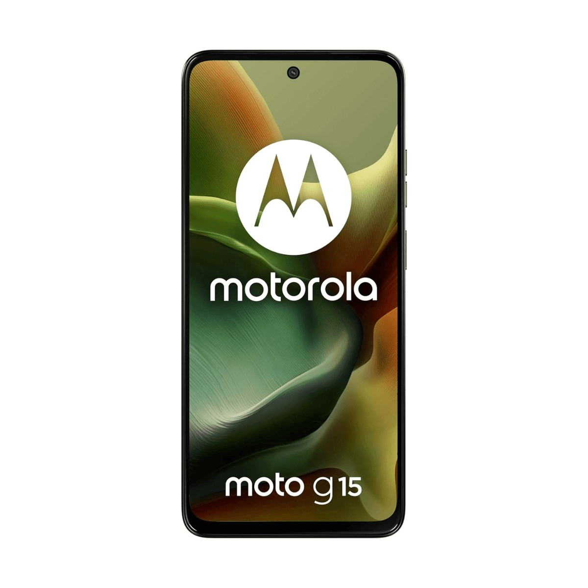 Vista frontale dello smartphone nero Motorola moto g15 con schermo verde e logo bianco.