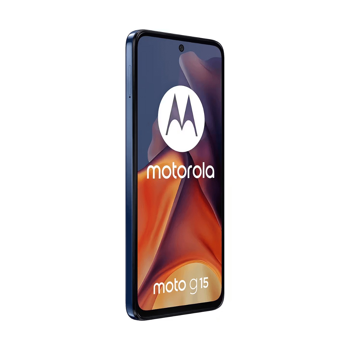 Uno smartphone blu Motorola Moto G15 inclinato, che mostra il logo Motorola sullo schermo colorato.