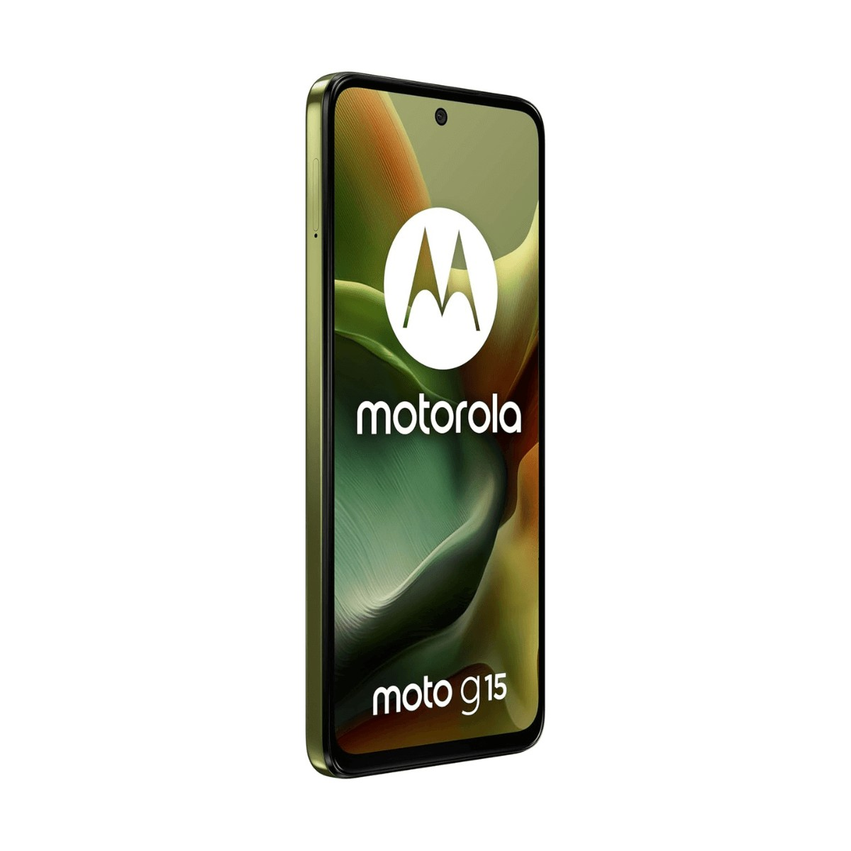 Uno smartphone verde Motorola Moto G15 è mostrato di sbieco, con il logo e il testo Motorola sullo schermo.