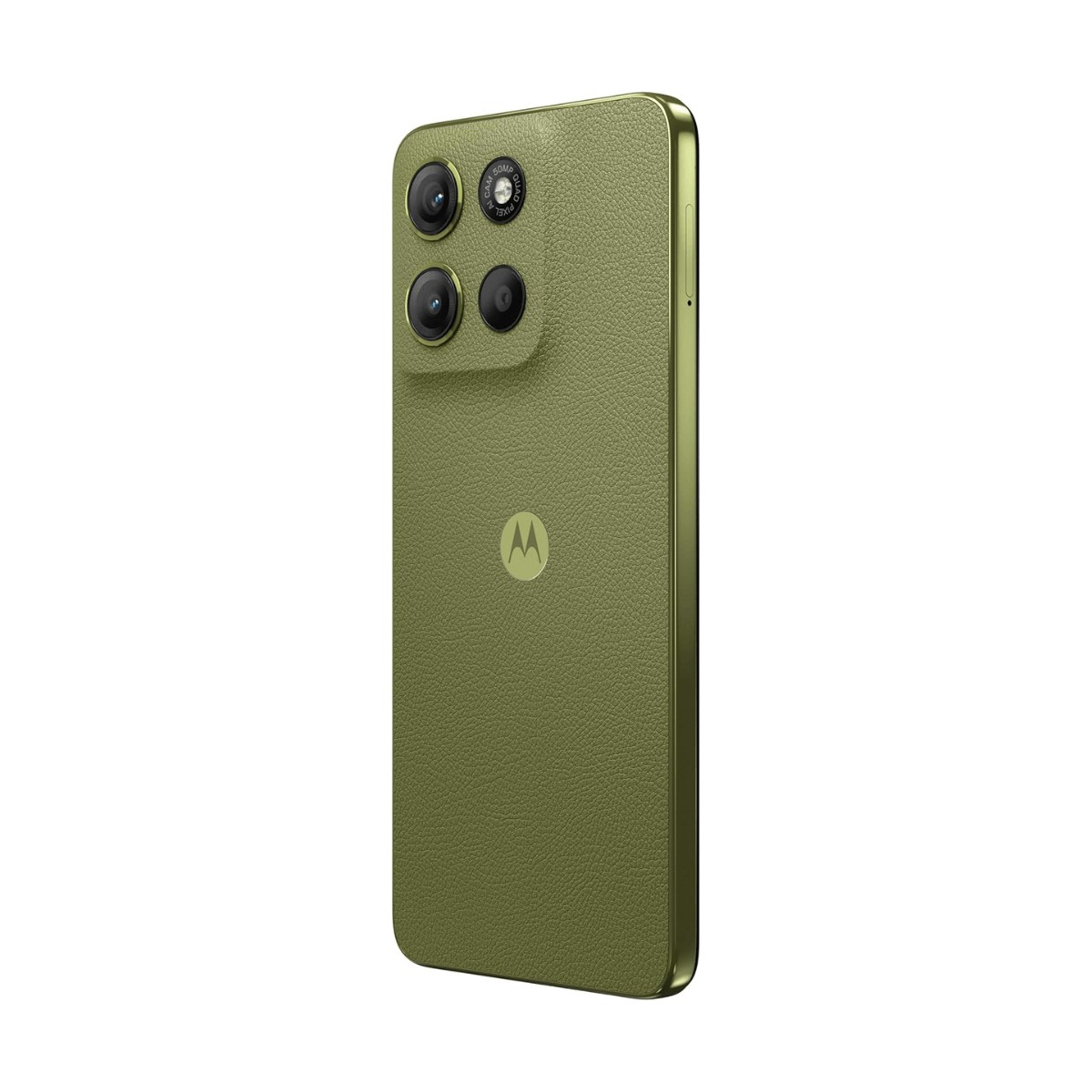 Smartphone verde oliva con retro testurizzato, tre obiettivi fotografici e il logo Motorola.