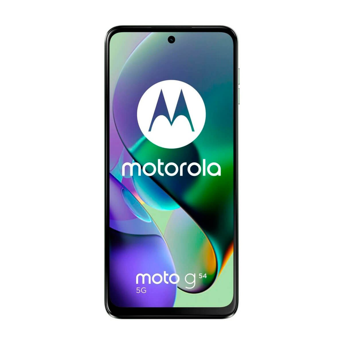 Vista frontal del smartphone Motorola Moto G54 5G con logotipo de la marca y fondo colorido en la pantalla.
