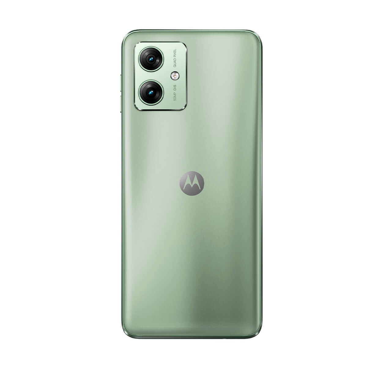 Parte trasera de un smartphone Motorola verde claro con doble cámara y el logo M plateado en el centro.