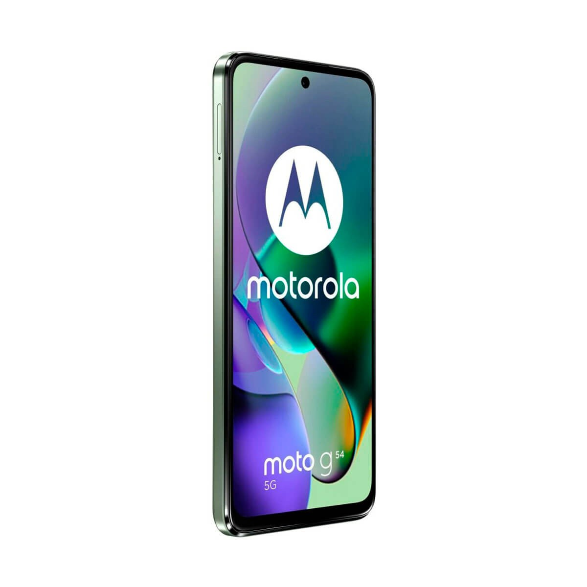 Vista frontal del smartphone Motorola Moto g54 5G con marco verde y pantalla colorida.
