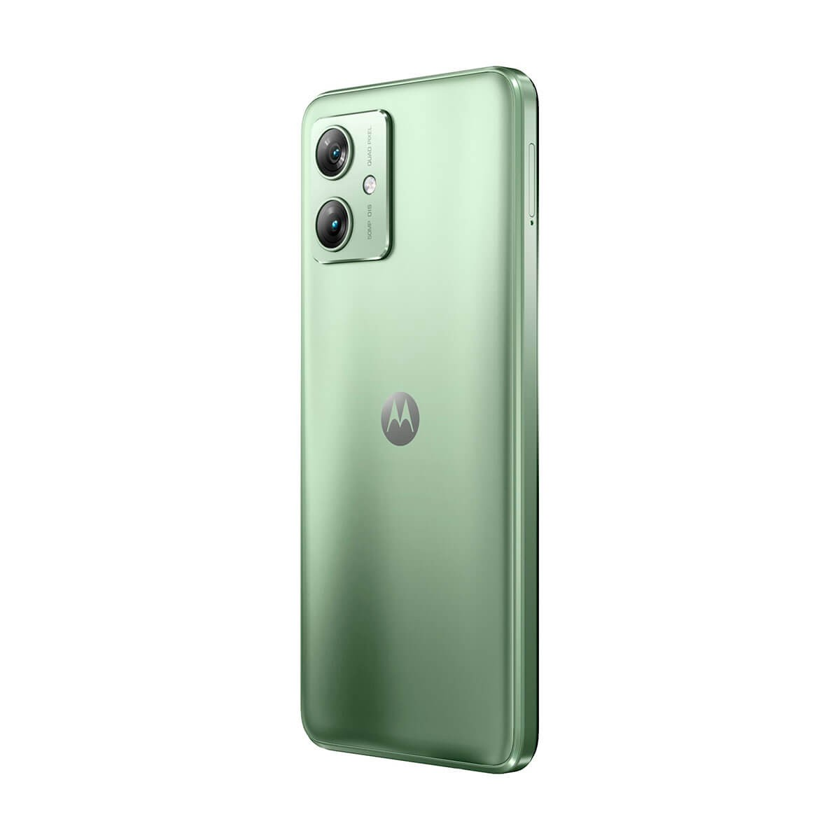 Parte trasera de un smartphone Motorola verde claro con dos lentes de cámara verticales y el logotipo en el centro.