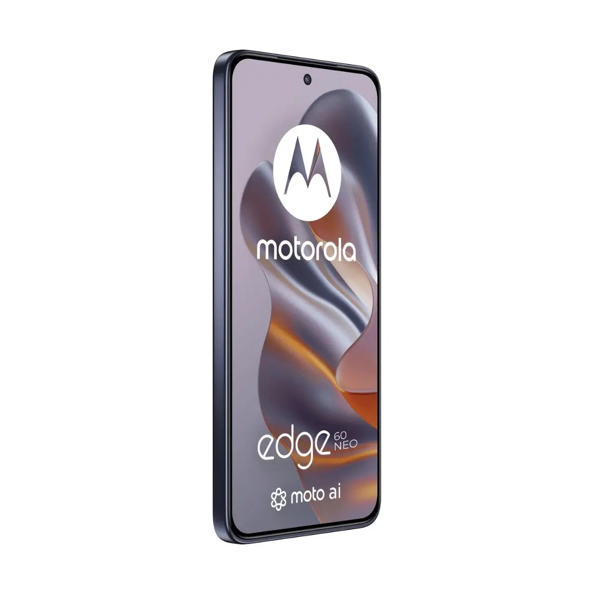Un smartphone noir Motorola Edge 60 Neo avec un fond d'écran abstrait.